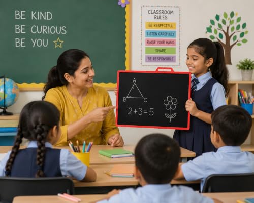 Image of YAJNAS Double Sided Blackboard Slate 12 x 10 Inch | Kids Writing Slate | Reusable Chalkboard | Pre-Writing Learning Toy | Colourful Frame