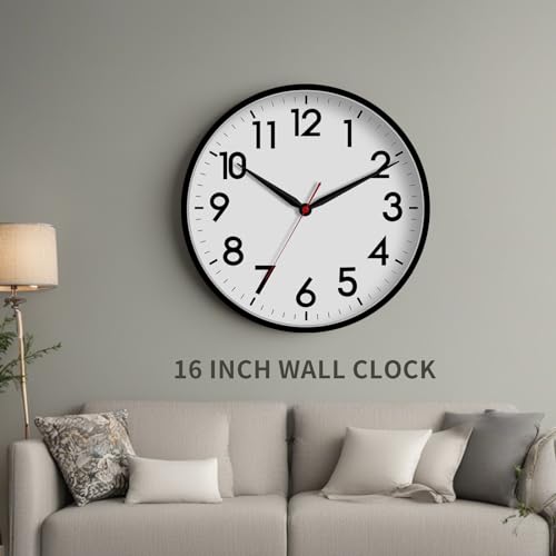 Image of AKCISOT 16 Inch Wall Clock Large Silent Non-Ticking Wall Clocks Battery Operated - Analog Classic Clock Decorative for Living Room, Office, Home, School(Black)