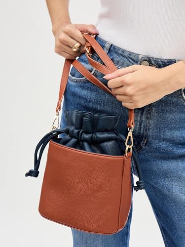 Image of white lily Women's Bucket Bag with Drawstring, Black and Brown Two-Tone, Adjustable Shoulder Strap