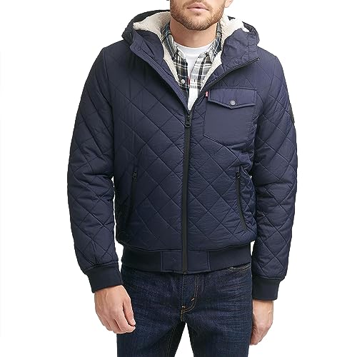 Image of Levi's Men's Diamond Quilted Sherpa Lined Bomber Jacket, Navy, Medium