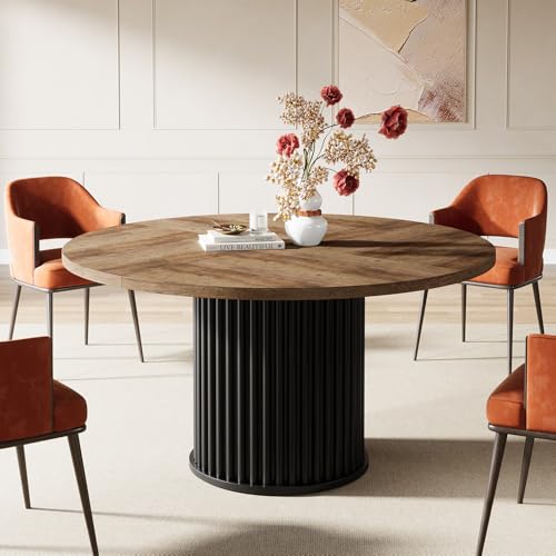 Image of Tribesigns 47.24-Inch Black Round Dining Table for 4-6 People, Modern Fluted MDF + Metal Base Kitchen Table, Sturdy Circle Dining Room Furniture, Brown + Black