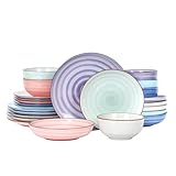 Selamica Ceramic Plates and Bowls Set, 24 Pieces Dinnerware Sets for 6, Scratch Resistant Dishes Set, Handpainted Swirl with Spot Dishwasher & Microwave Safe, Gradient Color