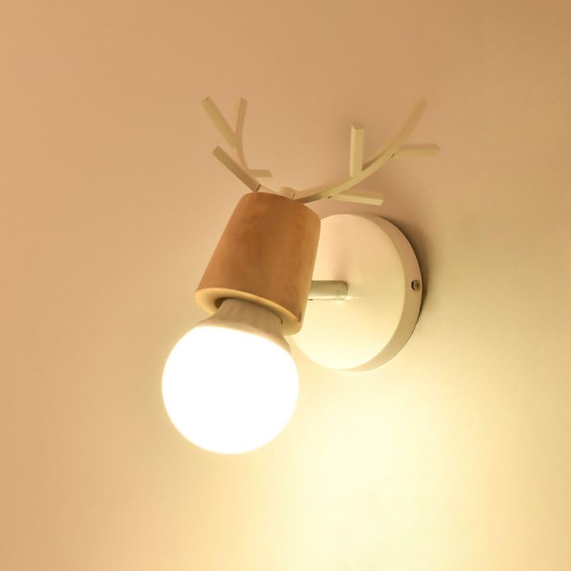 Image of LITFAD Minimalist Wall Sconce Deer Horn Shape Wall Light Modern Wall Mounted Lamps Single Light Exposed Bulb Design Wall Lighting Fixtures for for Hallway, Bedroom, Living Room, Bathroom,White-Wood