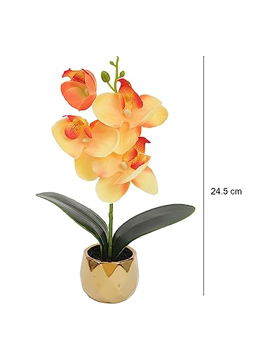 Image of Fourwalls Artificial Orchid Flower Plant with Ceramic Pot (Orange, 24.5 cm) Decorative Items for Home Decor Living Room Balcony Kitchen Bedroom Office Table Top