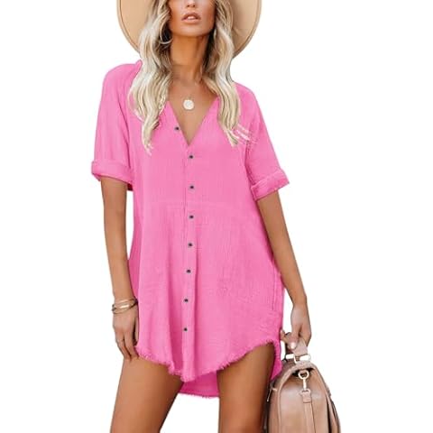 Paintcolors Women's Short Sleeve Cotton Button Down Tunic Dresses Shirt Beach Cover-ups Oversized Blouse Tops with Pockets-Hot Pink S Cover