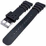Heavy duty watch strap made from 3mm thick rubber for strength and durability Compatible with many divers type watches with an 18mm, 20mm or 22mm lug gap Fully waterproof and fitted with a stainless steel buckle See the image size chart for specific ...