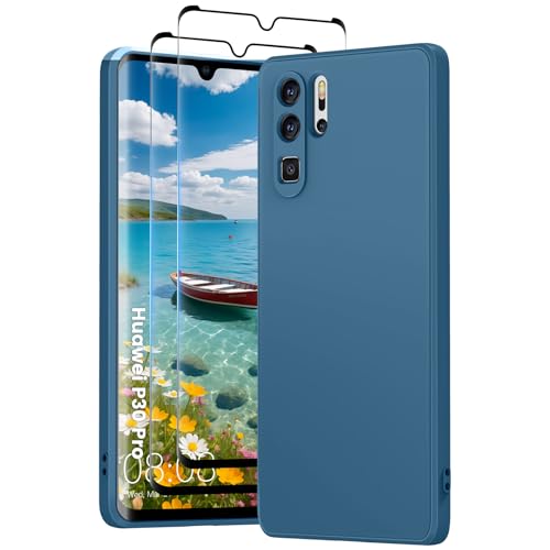 PuyaTeya 3 in 1 Hülle für Huawei p30 pro mit 2 Stück 9H Panzerglas Premium Liquid Silikon Hülle mit 4-Layer stoßfeste abriebfestes Soft Mikrofaserfutter Kratzfes Schutzhülle (bei Nacht Blue)