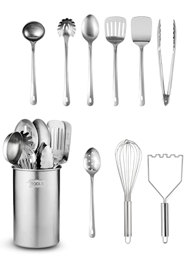 Juego de utensilios de cocina de acero inoxidable, 10 piezas antiadherentes y resistentes al calor con volteador, servidor de espaguetis, cucharón, cucharas de servir, batidor, pinzas, triturador de