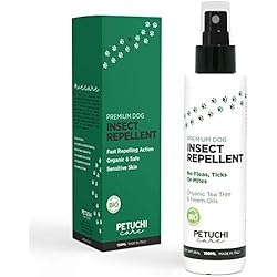 PETUCHI Spray Repelente de Insectos para Perros y Cachorros; Hipoalergénico, 100% Natural con Aceites de Árbol de Té y Neem; 150ml