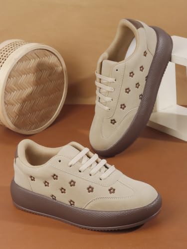 Image of TRYME Floral Platform Sneakers for Women | Lightweight Lace-Up Casual Shoes for College, Travel