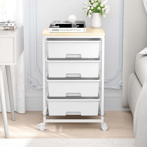 Image of SYKIARIOL Rolling Cart with Drawers, 4-Drawer Utility Cart, Bright White | Rolling Storage Cart with Drawers and 2 Lockable Wheels, 4-Tier Craft Organizers for Home Office Dorm
