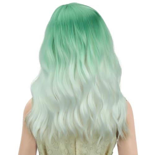 Image of PATTNIUM Girls Mint Green Ombre White Short Curly Wavy Wigs Side Part Shoulder Length Heat Resistant Synthetic Wig Halloween Cosplay Costume Party Wigs