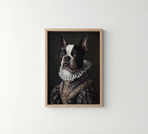 Image of Boston Terrier Victorian Queen Wall Art Print Poster, Dog Pet Lover Picture Painting Artwork Bedroom Living Room Office Dining Room 150D (Boston Terrier Victorian Queen, 11 inchW x 14 inchL, Wood Frame)