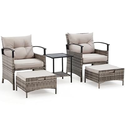 AVAWING 5 Pieces Wicker Patio Conversation Set, Outdoor Rattan Chairs with Ottoman, Metal Coffee Table, & Cushions, Outside Furniture Sets for Garden, Deck, Backyard, Poolside(Grey)