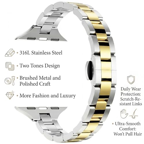 Image of Slim Stainless Band for Apple Watch Series 11-1 /SE, Ultra 3-1 | Compatible with 49 /46 /45 /44 /42 /41 /40 /38mm, Jewelry Office Dressy Metal iWatch Strap for Women, Lightweight Two-tone Bracelet