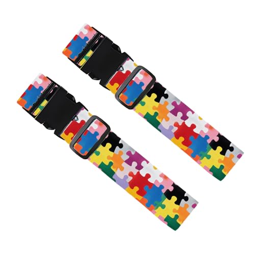 Image of 2 Pack Luggage Straps for Suitcases, Adjustable Travel Belt with Buckle, 2 inch Wide Heavy Duty Suitcase Straps for Summer Vacation, Colorful Puzzle Pattern, Travel Essentials, Multi-Color