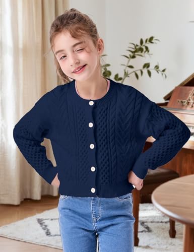 Girls Cardigan Long Sleeve Chunky Cable Knit Cardigan for Girls Button Front Uniform School Sweater 5-14Y4