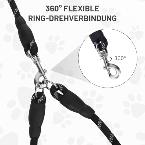 Doppelleine für 2 Hunde, Keine Verwicklung Leine für 2 Hunde, 360° Drehbare, Reflektierende Hundeleine mit Gepolsterten Griffen, Lauftraining für Kleine, Mittlere und Große Welpe (Schwarz, Mittel)