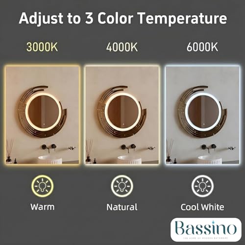 Image of BASSINO 3D Bathroom Mirror with LED Lights /Sensor Touch /3 Adjustable Colors /Dimmable Light /Vanity Mirrors /Round Washbasin Mirror with LED Lights /Smart Mirror for Bathroom Wall(Rose-Gold)