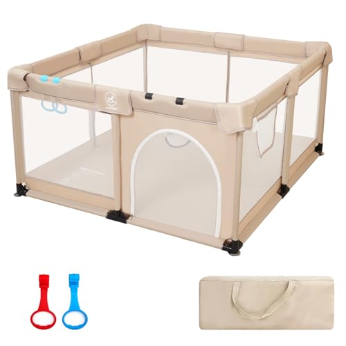 Image of Baby Playpen, (50x50x27inch) Large Playpen for Babies and Toddlers, Sturdy Safety Play Yard for Infant, Indoor & Outdoor Play Pen with Gate, Baby Fence with Soft Breathable Mesh, Hand Rings