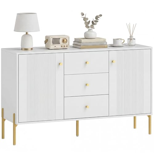 HOMCOM Aparador Moderno de 2 Puertas, Aparador de Salón con 3 Cajones, Estantes Ajustables, Encimera con Efecto Mármol, Patas de Acero, para Cocina, Entrada, Dormitorio, Blanco, 120x39,1x76 cm