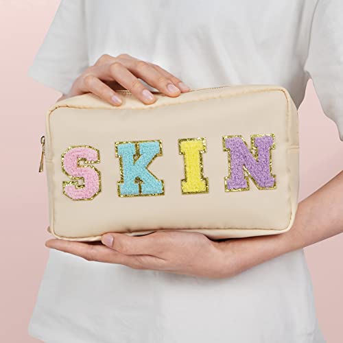 Preppy Patch Makeup Bag-Nylon Cosmetic Preppy Makeup Skin Bag With Zipper-Varsity Stoney Clover Chenille Letter Makeup Travel Organizer Valentines Bag That Kid Valentines Day Gifts For Her And Him #TOP6