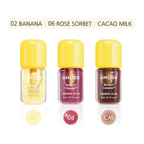 Image of Amuse SEOUL Banana Lip Oil MINI TRIO SET - Moisturizing Lip Oil Stain, Banana Scent, Hydrating Nourishing Crystal Clear Lip Stain, Lightweight Non-Sticky Glossy Finish, Vegan, Korean Beauty Makeup