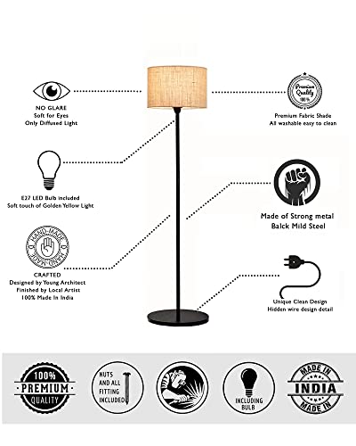 Image of Homesake Incandescent Floor Lamp with Wooden Base, Tall Standing Lamp with Fabric Shade | Warm Ambient Lighting | Metal Base | Home Decor, Study & Indoor Lighting | E27 Holder (Black)