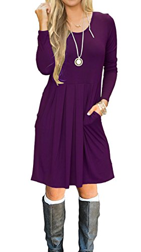 AUSELILY Women s Long Sleeve Pleated Loose Swing Casual Dress with Pockets Knee Length (XL, Purple)