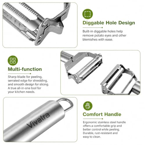 Image of 2 in 1 Stainless Steel Julienne Vegetable Peeler Multi-Functional Fruit & Veggie Shredder Slicer and Grater for Potatoes, Carrots, Cucumbers (Silver, 18 x 8.2 x 2.3 cm)