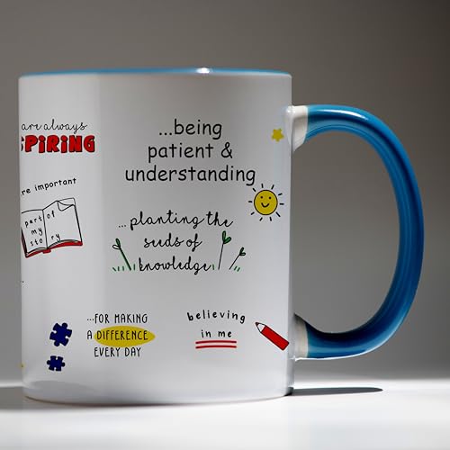 Image of DAYS Thank You Teacher's Personalized Mug - Custom Teacher's Name Best Teacher Gift, Teacher on Birthday Helping Me to Grow Ceramic Mug 11oz Blue Mug