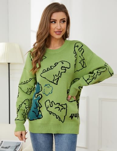 VDWIP Women's Dinosaur Sweater Vintage Oversized Sweater Y2K Graphic Knit Pullover Sweater Unisex Casual Cute Kawaii Tops3