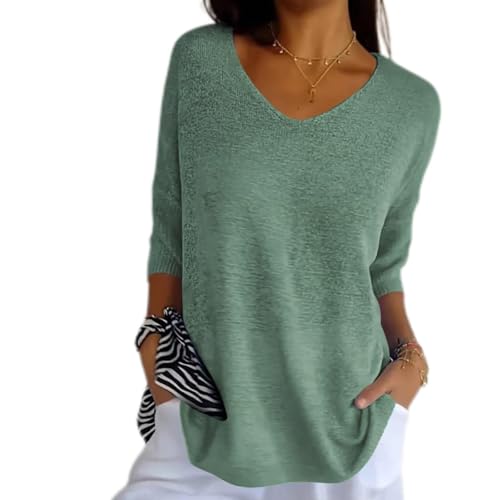 Frontley Shamfreshen Solid Color Knitted V-Neck Top, Frontley Solid Color Knitted V-Neck Top-Gray-Green||M