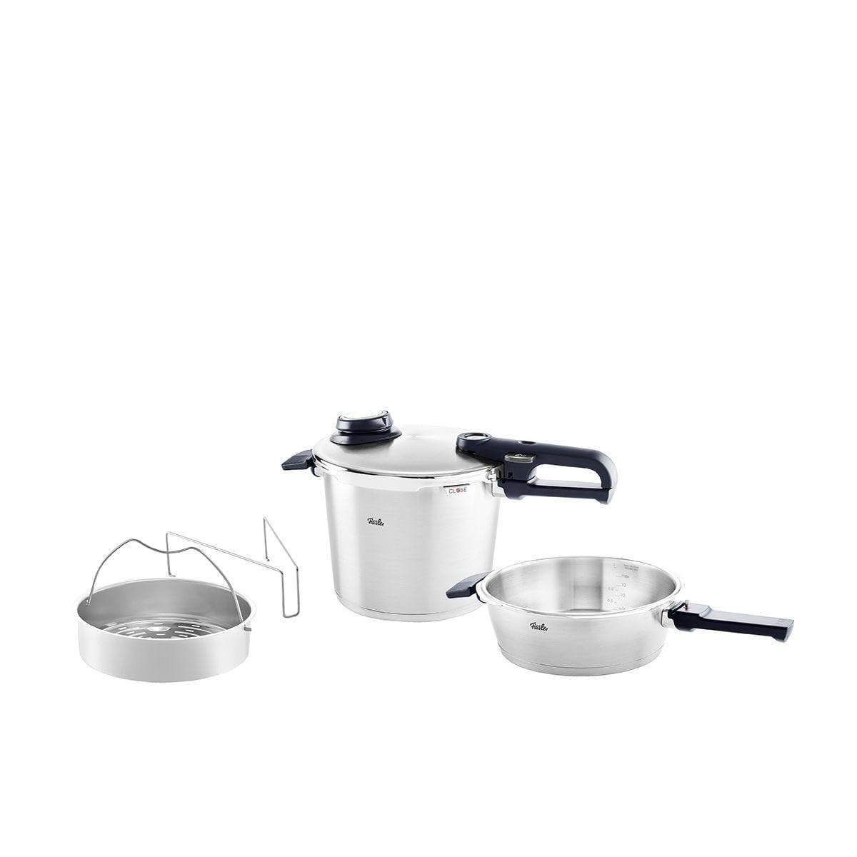 Fissler Vitavit Premium/Schnellkochtopf-Set, 4-teilig (6l - Ø 22 cm & Schnellbratpfanne 2,5l - Ø 22 cm) inkl. Metall-Deckel, Einsatz - Made in Germany, Induktion
