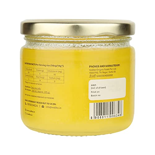 Image of Vediko A2 Desi Cow Ghee | Cruelty Free | A2 Certified 100% Pure A2 Cow Ghee | Vedic Bilona Method | Immunity Booster | Energy Enhancer | (Glass Jar) 250 ml x 2