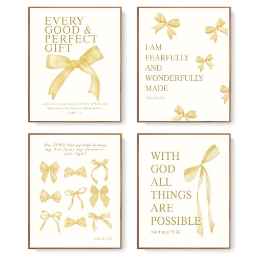 Image of LARTSFRO Coquette Yellow Bow Wall Art Decor Posters, Butter Yellow Bow Room Bedroom Bathroom Dorm Wall Art Decor Aesthetic for College Teen Girls Gifts, Inspirational Bible Verses Bow Wall Decor, 10x8 Inch Set of 4 Pcs Bow Pictures (UNFRAMED)
