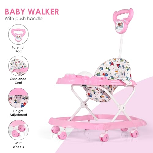 Image of BabyGo Tintin Baby Walker for 6-24 Months, Baby Walker with Push Handle & Activity Tray - Foldable Adjustable Height Infant Walker with Wheels, Music,Toy Bar and Comfotable Seat (Pink)