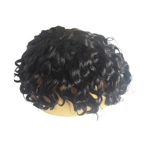 Peluca corta para hombre Color negro for hombre del sistema 1B reemplazo postizo peluquín cabello humano mono fino rizado profundo Cubierta de calvicie(7x8)