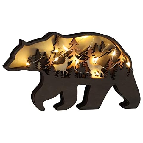 LIBOOI 3D Wooden LED Light Farmhouse Totem Animals Wall Decoration, Light-Up Forest Animal Rustic Wall Art Decor, Wooden Animal with Light String Ornaments for Home Decor, Bear Cover
