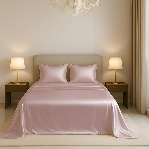 Image of Luxe Ere Satin Bedsheet Single Size (60x90) | 300 TC Ultra Smooth Silky Soft Luxury Satin Bed Sheet with 2 Pillow Covers | Premium Satin Bedsheets for Single Bed - Champagne Rose