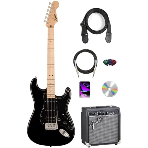 Image of Fender Squier Sonic Stratocaster HSS-Black Bundle with Frontman 10G Amp, Strap, Cable, Picks, and Austin Bazaar Guitar DVD