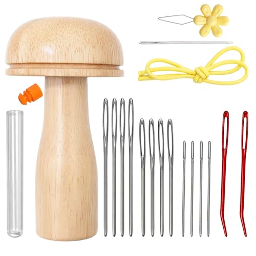 ikBrtaiay Stopfpilz Holz Flicken-Pilz mit 14 Nähnadeln Stopfpilz-Set aus Holz Stopfnadel Stopfei Webernadel Holzstopfpilz mit Spannring Holzstopfpilz Set mit Ergonomischem Stopfei und Robuster