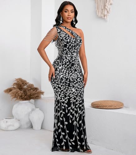 Image of Cololura Women Sequin Elegant Sexy One Shoulder Tassel Mermaid Bodycon Cocktail Evening Dress