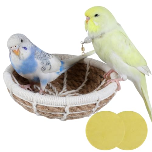 Handmade Rope Weave Bird Breeding Nest with 2 Cotton Pads, Small Parrot Cage Hatching House Hut Nesting Box for Budgie Parakeet Cockatiel Parakeet Conure Canary Finch Lovebird, Random Color (B,S)