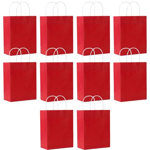 SHUBEIEUMI Paquete de 10 Bolsas de Regalo, Bolsas de Papel Kraft con Asas, 21 x 15 x 8 cm, Reutilizables Bolsas de Regalo para Embalaje Fiestas de Cumpleaños Bodas-Rojo