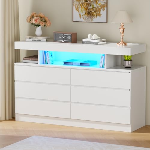 BEWISHOME White Dresser for Bedroom with Charging Station and LED