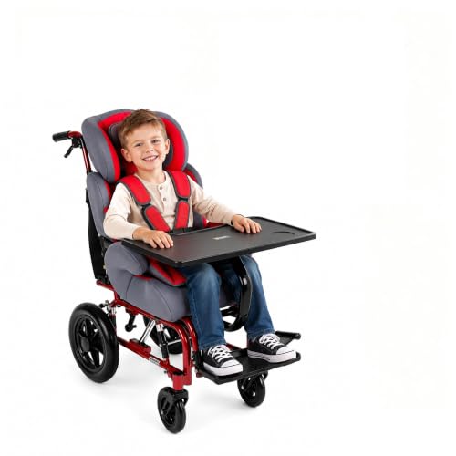 Image of Reclining Pediatric Wheelchair for Kids with Special Needs,Pediatric Mobility Wheelchair with Adjustable Reclining Backrest, 5-Point Safety Harness, Removable Tray, Padded Side Support, Red