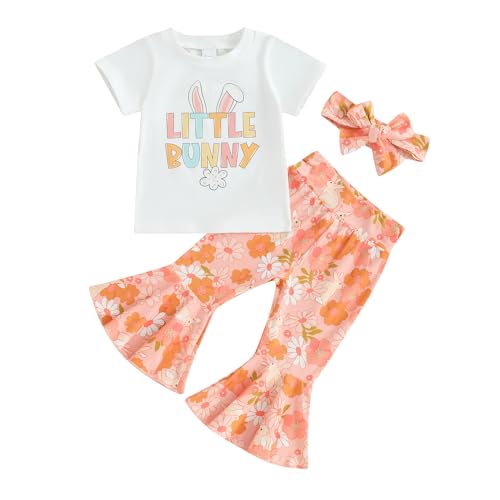Toddler Baby Girl Easter Outfit Short Sleeve Bunny Print Shirt Tops Rabbit Flared Pant Headband Easter Clothes (Orange, 12-18 Months)