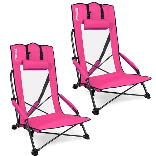 SPORT BEATS Low Beach Chairs Set of 2 Folding Beach Chairs High Back Support with Head Pillows Shoulder Straps