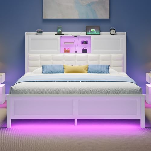 Rolanstar Bed Frame Full Size with Charging Station, Bookcase Headboard Bed with LED Light and...